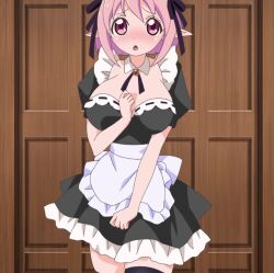 Rule 34 | 1girl, apron, breasts, bustier, elf, hair ribbons, highres, large breasts, maid, maid apron, nervous, open mouth, pink eyes, pink hair, pointy ears, ribbon, rune&#039;s pharmacy, rune (rune&#039;s pharmacy), screencap, short hair, stitched, thighhighs, third-party edit
