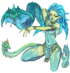 Rule 34 | 1girl, blue hair, breasts, brooch, colored skin, dress, extra eyes, fangs, female focus, forked tongue, green eyes, green skin, jewelry, lamia, lipstick, makeup, monster girl, multiple heads, nail polish, one eye closed, pointy ears, scales, simple background, slit pupils, snake, snake hair, solo, tentacle hair, tentacles, thighhighs, tongue, torn clothes, white background, wink, yellow eyes, yellow skin