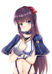 Rule 34 | 1girl, blue eyes, blunt bangs, blush, bow, breasts, brown hair, closed mouth, hair bow, hands on own chest, highres, large breasts, long hair, looking at viewer, navel, new game!, otono fei, ponytail, red bow, solo, takimoto hifumi, upper body