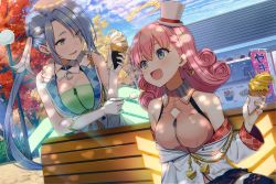 Rule 34 | 2girls, bench, black skirt, blue hair, blush, breasts, brown eyes, character request, choker, cleavage, copyright request, crescent choker, curly hair, day, earrings, elbow gloves, food, gloves, green eyes, holding, holding spoon, hyuuga azuri, ice cream, ice cream cone, jewelry, large breasts, long hair, looking at another, medium hair, multiple girls, open mouth, outdoors, pink hair, sitting, skirt, sleeveless, smile, spoon, very long hair, virtual youtuber, white gloves, zipper, zipper pull tab