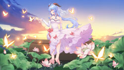 Rule 34 | 1girl, absurdres, ahoge, alternate costume, aluo 7762, bare shoulders, barefoot, blue hair, boat, bow, breasts, bridal veil, bride, bug, butterfly, butterfly on hand, chinese commentary, choker, cleavage, commentary request, crystalfly (genshin impact), detached sleeves, dress, dress bow, evening, feet, floating hair, flower, frilled choker, frilled dress, frills, full body, ganyu (genshin impact), genshin impact, goat horns, gradient eyes, gradient sky, hand up, highres, horns, insect, lake, leaf, lily pad, long dress, long hair, long sleeves, looking to the side, lotus, medium breasts, multicolored eyes, nose, orange sky, outdoors, parted lips, plant, ponytail, purple eyes, red bow, sitting, sky, sleeves past wrists, soles, solo, strapless, strapless dress, toes, veil, water, watercraft, wedding dress, white choker, white dress, white headwear, white sleeves, wind