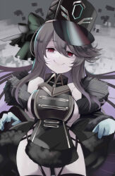 Rule 34 | 1girl, azur lane, bare shoulders, black bow, black coat, black dress, black hair, black hat, blue gloves, bow, breasts, closed mouth, coat, dress, fur-trimmed coat, fur trim, gloves, hair between eyes, hair bow, hat, highres, large breasts, long hair, looking at viewer, pamiat merkuria (azur lane), pamiat merkuria (meta) (azur lane), peaked cap, red eyes, sketch, smile, solo, swept bangs, tonchinkan