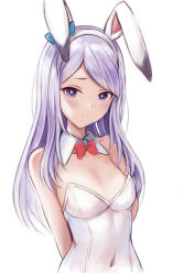 Rule 34 | 1girl, animal ears, blush, bow, bowtie, breasts, closed mouth, frown, horse girl, leotard, light purple hair, long hair, looking at viewer, medium breasts, mejiro mcqueen (umamusume), nannacy7, purple eyes, rabbit ears, red bow, red bowtie, simple background, solo, strapless, strapless leotard, umamusume, white background, white leotard, wrist cuffs