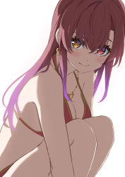 Rule 34 | 1girl, bad id, bad pixiv id, bikini, blush, breasts, cleavage, commentary, earrings, english commentary, gold trim, hair between eyes, heart, heart earrings, heart necklace, heterochromia, hololive, houshou marine, houshou marine (summer), icehotmilktea, jewelry, knees to chest, long hair, medium breasts, necklace, red bikini, red eyes, red hair, simple background, solo, straight hair, strap gap, swimsuit, virtual youtuber, white background, yellow eyes