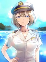 Rule 34 | 1girl, alternate costume, blue eyes, breasts, brown hair, cleavage, grin, hand on own hip, hat, japan maritime self-defense force, japan self-defense force, kantai collection, large breasts, maya (kancolle), military, military hat, military uniform, primary stage, short hair, short sleeves, smile, solo, twitter username, uniform, upper body