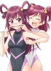 Rule 34 | 00s, 2girls, closed eyes, dark cure (yes! precure 5), dark dream, forced smile, long hair, mouth pull, multiple girls, one-piece swimsuit, open mouth, precure, purple eyes, purple hair, satogo, short hair, simple background, swimsuit, turtleneck, twintails, two side up, white background, yes! precure 5, yumehara nozomi