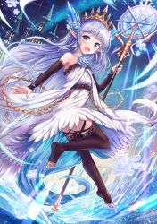 Rule 34 | 1girl, :d, bare shoulders, blue eyes, blue flower, blue hair, blue rose, blush, brown sleeves, brown thighhighs, commentary request, crystal, detached sleeves, dress, flower, full body, granblue fantasy, hair flower, hair ornament, highres, holding, holding staff, ice, lily (granblue fantasy), long sleeves, looking at viewer, looking back, no shoes, open mouth, pointy ears, rose, sakura ani, sleeves past wrists, smile, snowflakes, soles, solo, staff, thighhighs, tiara, toeless legwear, tower, white dress, window