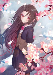 Rule 34 | 10s, 1girl, absurdres, black skirt, blush, bow, brown hair, cherry blossoms, chromatic aberration, crying, hair bow, highres, long hair, looking at viewer, aged up, outdoors, puddle, red eyes, ryuuou no oshigoto!, school uniform, silkysak, skirt, standing, tears, vest, wavy mouth, yashajin ai