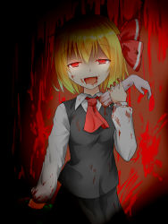 Rule 34 | 1girl, :d, blonde hair, blood, blood on clothes, blood on face, blood on hands, blood splatter, gradient background, guro, hair ribbon, open mouth, red eyes, ribbon, rody (hayama yuu), rumia, saliva, severed arm, severed limb, shirt, short hair, skirt, smile, touhou, vest