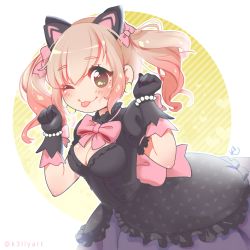 Rule 34 | 1girl, absurdres, angelica (k3lly), animal ears, black cat d.va, black dress, black gloves, blonde hair, blush, bow, bracelet, breasts, brown eyes, cat ears, cleavage, d.va (overwatch), dress, gloves, hair bow, heart, heart print, highres, jewelry, looking at viewer, medium breasts, one eye closed, overwatch, overwatch 1, paw pose, pearl bracelet, pink bow, puffy short sleeves, puffy sleeves, short sleeves, solo, tongue ut, twintails