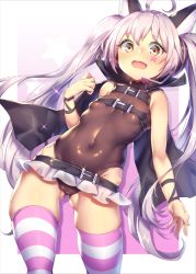 Rule 34 | 1girl, ahoge, animal ears, bare shoulders, belt, black cape, black leotard, blush, breasts, cape, cat ears, covered navel, cowboy shot, earmuffs, fake animal ears, gluteal fold, headset, high collar, highres, leotard, long hair, looking at viewer, nose blush, open mouth, orange eyes, pink thighhighs, shennai misha, silver hair, small breasts, standing, star (symbol), star print, striped clothes, striped thighhighs, thighhighs, twintails, very long hair, white thighhighs