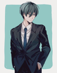 Rule 34 | 1boy, absurdres, blue lock, blue necktie, closed mouth, collared shirt, commentary request, cowboy shot, formal, fuyutsuki, green eyes, green hair, hair between eyes, hands in pockets, highres, itoshi rin, lapels, long sleeves, looking to the side, male focus, necktie, notched lapels, shirt, short hair, solo, two-tone background, white shirt