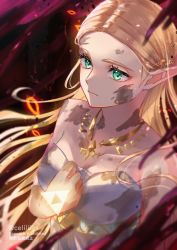 Rule 34 | 1girl, bare arms, black background, blonde hair, breasts, cleavage, dirty, dirty clothes, dirty face, dress, gold necklace, green eyes, hand on own chest, highres, jewelry, long hair, looking ahead, medium breasts, necklace, nintendo, parted bangs, pointy ears, princess zelda, seri (yuukasakura), solo, strapless, strapless dress, the legend of zelda, the legend of zelda: breath of the wild, triforce, twitter username, upper body, white dress