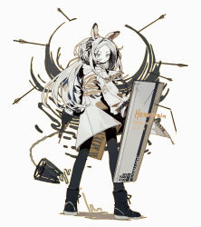 Rule 34 | 1girl, animal ears, arknights, black footwear, black pants, blue eyes, boots, character name, coat, dated, from behind, grey hair, hairband, heavyrain (arknights), highres, holding, holding shield, holding weapon, horse ears, horse girl, long hair, long sleeves, looking at viewer, pants, parted lips, shield, simple background, solo, striped clothes, striped hairband, thurim6, twitter username, very long hair, weapon, white background, white coat