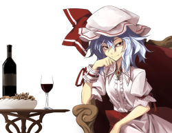 Rule 34 | 1girl, alcohol, bad id, bad pixiv id, blue hair, chair, head rest, cookie, cup, drinking glass, female focus, food, glass, hat, matsuyama nozomu, red eyes, remilia scarlet, short hair, sitting, solo, touhou, wine, wine glass