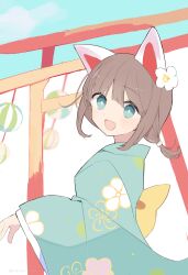Rule 34 | 1girl, absurdres, animal ears, blue eyes, brown hair, fang, flower, hair flower, hair ornament, highres, japanese clothes, kimono, long sleeves, looking at viewer, looking back, low ponytail, open mouth, original, sakana-miton, skin fang, smile, torii, wide sleeves