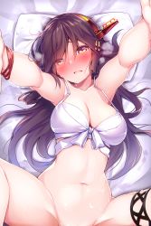 Rule 34 | 1girl, bed, bed sheet, bikini, black hair, blush, bottomless, breasts, brown eyes, cleavage, collarbone, commentary request, hair ornament, hairclip, haruna (kancolle), highres, implied sex, kantai collection, large breasts, long hair, looking at viewer, lying, messy hair, navel, nose blush, on back, on bed, out-of-frame censoring, parted lips, pillow, reaching, reaching towards viewer, solo, swimsuit, thigh strap, tsukui kachou, white bikini