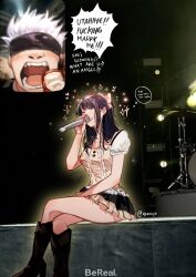Rule 34 | 1boy, 1girl, bereal, blindfold, boots, bow, commentary, concert, covered eyes, crossed legs, drum, drum set, english commentary, english text, fan screaming at madison beer (meme), feet out of frame, gojou satoru, hair bow, highres, holding, holding microphone, inset, instrument, iori utahime, jewelry, long hair, marriage proposal, meme, microphone, open mouth, photo background, profanity, purple hair, qeanoya, ring, screaming, short hair, sitting, sparkle, thought bubble, twitter username, white hair