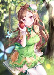 Rule 34 | 1girl, :o, absurdres, antenna hair, apple, blurry, blurry background, blush, breasts, brown hair, bug, butterfly, commentary, depth of field, dress, food, forest, fruit, gloves, green dress, hat, haundo b, highres, idolmaster, idolmaster cinderella girls, idolmaster cinderella girls starlight stage, insect, light rays, long hair, looking at viewer, medium breasts, mini hat, nature, puffy short sleeves, puffy sleeves, red eyes, short sleeves, sitting, solo, swing, symbol-only commentary, thighhighs, tree, tsujino akari, very long hair, white gloves