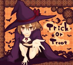 Rule 34 | 1girl, breasts, brown eyes, brown hair, cape, cleavage, english text, halloween, hat, i.u.y, misaka worst, orange background, small breasts, solo, toaru majutsu no index, trick or treat, witch hat