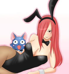 Rule 34 | 00s, animal ears, breasts, cat, cleavage, erza scarlet, fairy tail, fake animal ears, hair over one eye, happy (fairy tail), large breasts, leotard, long hair, pantyhose, playboy bunny, rabbit ears, red eyes, red hair, riisu, solo