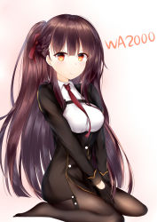 Rule 34 | 1girl, :t, absurdres, bad hands, bad proportions, black pantyhose, blazer, blush, breasts, character name, closed mouth, collared shirt, framed breasts, girls&#039; frontline, gloves, hair ribbon, highres, jacket, large breasts, long hair, looking at viewer, necktie, no shoes, one side up, own hands together, pantyhose, pelvic curtain, pout, purple hair, red eyes, red necktie, ribbon, shirt, sidelocks, simple background, sitting, skirt, solo, thighs, very long hair, wa2000 (girls&#039; frontline), white shirt, yoko (yang-tzu), yokozuwari