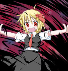Rule 34 | 1girl, bad id, bad pixiv id, blonde hair, dark, darkness, embodiment of scarlet devil, fang, female focus, kenntairui (discover souya), kirino souya, outstretched arms, red eyes, ribbon, rumia, short hair, solo, touhou