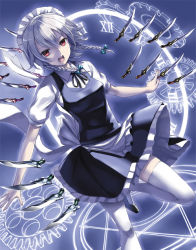 Rule 34 | 1girl, bad id, bad pixiv id, bow, braid, female focus, gears, hair bow, izayoi sakuya, knife, leg up, looking at viewer, maid, maid headdress, open mouth, red eyes, roman numeral, silver hair, solo, takemori shintarou, thighhighs, touhou, twin braids, white thighhighs