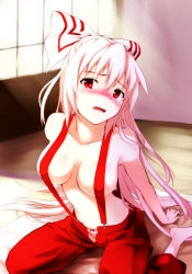 Rule 34 | 1girl, barefoot, bed sheet, blush, body blush, bow, bow panties, breasts, breasts apart, chaigidhiell, collarbone, covered erect nipples, embarrassed, floor, fujiwara no mokou, hair between eyes, hair bow, half updo, head tilt, highres, indoors, large breasts, leaning forward, light rays, long hair, looking at viewer, naked suspenders, no navel, nose blush, open fly, open mouth, panties, pants, pink panties, red eyes, revealing clothes, shouji, silver hair, sitting, sliding doors, solo, sunbeam, sunlight, suspenders, tareme, tearing up, tears, topless, touhou, underwear, unzipped, very long hair, wariza