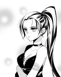 Rule 34 | 1girl, bare shoulders, black dress, breasts, choker, cleavage, closed mouth, collarbone, dress, earrings, elbow gloves, eyelashes, gloves, greyscale, jewelry, kaoruru (sakuno2911), lace-trimmed sleeves, lace trim, long hair, looking at viewer, medium breasts, monochrome, overwatch, overwatch 1, ponytail, sleeveless, sleeveless dress, solo, stud earrings, upper body, widowmaker (overwatch)