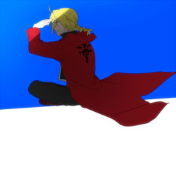 Rule 34 | 1boy, black shirt, blonde hair, blue background, boots, braid, coat, edward elric, fullmetal alchemist, gloves, hand to forehead, crossed legs, looking away, male focus, pants, red coat, riru, shaded face, shadow, shirt, sky, smile, solo, solo focus, sunlight, white background