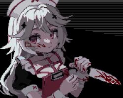 Rule 34 | 1girl, ahiru tokotoko, bandaged wrist, bandages, black background, black dress, blood, blood on face, blood on hands, bloody weapon, chest harness, clipboard, commission, dress, hair ornament, harness, hat, highres, holding, holding clipboard, holding knife, indie virtual youtuber, knife, looking at viewer, minagoro-chan, nurse cap, o-ring, o-ring harness, pink eyes, pixel art, puffy short sleeves, puffy sleeves, short sleeves, skeb commission, solo, upper body, virtual youtuber, weapon, white hair, white hat, wrist cuffs