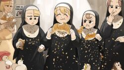 Rule 34 | 5girls, ^ ^, beret, bird, blonde hair, brown eyes, brown hair, chicken, closed eyes, clumsy nun (diva), commentary, croissant, crumbs, diva (hyxpk), duck, eating, english commentary, food, froggy nun (diva), habit, hat, hedgehog, highres, hungry nun (diva), little nuns (diva), multiple girls, nun, poster (object), red hat, red umbrella, spicy nun&#039;s mother (diva), spicy nun (diva), traditional nun, umbrella, yellow eyes