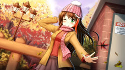 Rule 34 | 1girl, ;q, autumn leaves, beanie, black skirt, blue sky, blush, breasts, brick wall, brown hair, brown jacket, closed mouth, cloud, commentary, commission, day, door, english commentary, fence, green eyes, hair between eyes, hair ornament, hat, jacket, lamppost, leaf, long hair, long sleeves, maple leaf, medium breasts, multicolored hair, one eye closed, open clothes, open jacket, orange hair, original, outdoors, pink hat, pleated skirt, prophosphere, red shirt, shirt, sign, skirt, sky, smile, solo, streaked hair, tongue, tongue out, tree, very long hair, warning sign, wrench