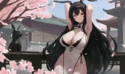 Rule 34 | 1girl, absurdres, animal ears, armpits, bare shoulders, black bra, black eyes, black hair, blush, bra, breasts, cherry blossoms, china dress, chinese clothes, cleavage, crossed bangs, day, dress, highres, kiek qaq, large breasts, long hair, looking at viewer, no panties, original, outdoors, parted lips, rabbit ears, revision, sleeveless, sleeveless dress, smile, solo, underwear