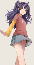 Rule 34 | 1girl, abe kanari, ahoge, brown eyes, clothes lift, denim, denim skirt, from below, hair ribbon, high school fleet, highres, long hair, long sleeves, looking at viewer, outstretched arms, paw print, purple hair, ribbon, short sleeves, skirt, skirt lift, smile, solo, suruga runa, turtleneck, two side up, wind, wind lift