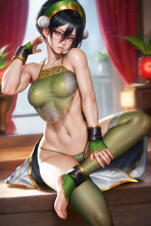 Rule 34 | 1girl, avatar: the last airbender, avatar legends, bare shoulders, barefoot, black hair, blurry, blurry background, breasts, collarbone, crossed legs, feet, foot out of frame, green leggings, green panties, grey eyes, hair between eyes, hand on own leg, hand up, leggings, medium breasts, navel, neoartcore, paid reward available, panties, plant, pom pom (clothes), red curtains, short hair, sitting, solo, taut clothes, toenails, toes, toph bei fong, underwear, wrist cuffs