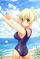 Rule 34 | 1girl, blonde hair, breasts, gao (gaolukchup), looking back, one-piece swimsuit, sky, solo, standing, swimsuit