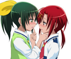 Rule 34 | 10s, 2girls, blush, couple, eye contact, green eyes, green hair, green necktie, green sweater vest, hair ribbon, hair tie, hino akane (smile precure!), imminent kiss, long hair, looking at another, midorikawa nao, multiple girls, necktie, open mouth, precure, profile, red eyes, red hair, ribbon, school uniform, simple background, sleeves rolled up, smile precure!, suzushiro yukari, sweater vest, upper body, white background, yuri