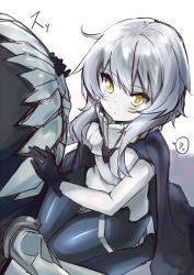 Rule 34 | 10s, 1girl, :&lt;, abyssal ship, aoki minami (+box), black cape, black gloves, bodysuit, cape, colored skin, gloves, grey hair, hat, unworn hat, unworn headwear, kantai collection, kyuu pito, looking at viewer, pale skin, short hair, short hair with long locks, sitting, solo, teeth, white skin, wo-class aircraft carrier, yellow eyes