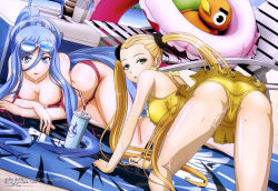Rule 34 | 10s, 2girls, :d, :o, absurdres, all fours, aoki hagane no arpeggio, artist name, artist request, ass, beach, beach towel, bikini, blonde hair, blue eyes, blue hair, breasts, casual one-piece swimsuit, chair, company name, cooler, copyright name, cup, drink, drinking straw, dutch angle, eyewear on head, from behind, fur trim, green eyes, hair between eyes, haruna (aoki hagane no arpeggio), high ponytail, highres, inflatable toy, innertube, kneepits, large breasts, long hair, looking at viewer, looking back, lounge chair, lying, megami magazine, mole, mole under mouth, multiple girls, navel, ocean, official art, on side, on stomach, one-piece swimsuit, open mouth, outdoors, parted bangs, parted lips, ponytail, red bikini, scan, scrunchie, shadow, sidelocks, smile, spread legs, sunglasses, swim ring, swimsuit, takao (aoki hagane no arpeggio), towel, twintails, uetaka masanori, untied bikini, very long hair, water, wet, yellow one-piece swimsuit