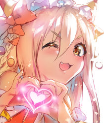 Rule 34 | 1girl, :3, blonde hair, blush, braid, destiny child, detached sleeves, fang, hair between eyes, hair ornament, hairband, heart, heart hands, highres, hisasi, long hair, one eye closed, open mouth, side braid, simple background, solo, upper body, venus (destiny child), white background, white hairband, yellow eyes