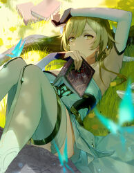Rule 34 | 1girl, arm up, armpits, blurry, blurry foreground, book, crystalfly (genshin impact), detached sleeves, dress, expressionless, feet out of frame, genshin impact, grass, hand on own head, holding, holding book, legs up, long sleeves, lumine (genshin impact), lying, on back, s2rid, solo, strapless, strapless dress, thighhighs, white dress, white thighhighs