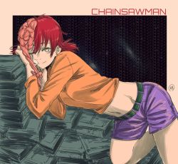 Rule 34 | 1girl, belt, book, border, brain, chainsaw man, copyright name, cosmo (chainsaw man), green eyes, h9r9h9r9, hair tied, hair tied back, heart, heart-shaped pupils, highres, long sleeves, lying, midriff, orange shirt, pink hair, purple shorts, shirt, shorts, sleeves past elbows, smile, solo, symbol-shaped pupils, watermark