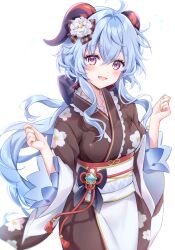 Rule 34 | 1girl, absurdres, ahoge, amaki ruto, blue hair, blush, breasts, fingernails, floral print, ganyu (genshin impact), genshin impact, hair ornament, hands up, highres, horns, japanese clothes, kimono, long hair, long sleeves, looking at viewer, medium breasts, obi, open mouth, purple eyes, sash, scan, simple background, smile, solo, white background, wide sleeves, yukata