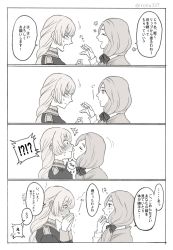 Rule 34 | !?, 2girls, 4koma, blush, bow, braid, comic, commentary request, cosmetics, closed eyes, face-to-face, facing another, fire emblem, fire emblem: three houses, flower, from side, garreg mach monastery uniform, hair bow, covering own mouth, highres, ingrid brandl galatea, kiss, lipstick tube, long braid, long hair, long sleeves, looking at another, mercedes von martritz, monochrome, multiple girls, nintendo, open mouth, roku s3, single braid, spoken interrobang, surprised, sweat, translation request, trembling, twitter username, upper body, white background, yuri