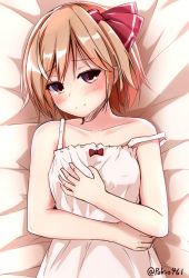 Rule 34 | 1girl, artist name, bare shoulders, blonde hair, blush, camisole, hair ribbon, hand on breast, highres, looking at viewer, lying, on back, pokio, red eyes, ribbon, rumia, short hair, solo, strap slip, touhou