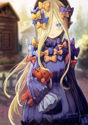 Rule 34 | 1girl, abigail williams (fate), black bow, black dress, black hat, blonde hair, blue eyes, bow, breasts, dress, fate/grand order, fate (series), forehead, hair bow, hair over one eye, hat, highres, long hair, multiple hair bows, orange bow, parted bangs, ribbed dress, sleeves past fingers, sleeves past wrists, small breasts, stuffed animal, stuffed toy, teddy bear, tyone