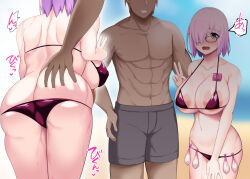 Rule 34 | 1girl, abs, akaneman, areola slip, ass, ass grab, beach, bikini, black-framed eyewear, blush, breasts, butt crack, cleavage, commentary request, condom, condom belt, condom wrapper, dark-skinned male, dark skin, day, fate/grand order, fate (series), glasses, hair over one eye, hetero, large breasts, light purple hair, looking at viewer, mash kyrielight, multiple views, netorare, open mouth, orange hair, outdoors, pink hair, purple bikini, purple eyes, purple hair, short hair, smile, solo, sound effects, swimsuit, used condom, v, yellow eyes