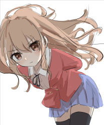 Rule 34 | 1girl, aisaka taiga, arms behind back, black ribbon, black thighhighs, blazer, blouse, blue skirt, brown eyes, brown hair, buttons, closed mouth, collared shirt, commentary, cowboy shot, double-breasted, harurunoe, jacket, leaning forward, light blush, long hair, neck ribbon, red jacket, ribbon, shirt, simple background, skirt, solo, thighhighs, toradora!, white background, white shirt, zettai ryouiki